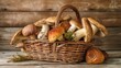 fresh Boletus edulis mushrooms nestled in a rustic wicker basket, showcasing the natural bounty of the season.