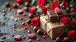 Na stole stoi pudełko czekoladek wraz z bukietem róż.