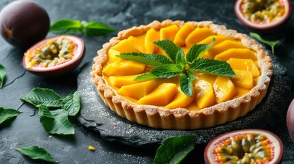 Wall Mural - A tropical mango passionfruit tart with a bright, fruity filling and a buttery shell. large copyspace area, offcenter composition.