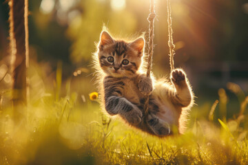 Cute fluffy kitten sitting on a swing outdoors. Striped cat. Pet