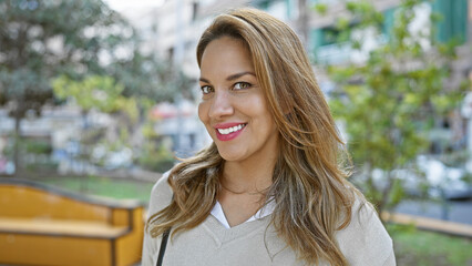 Canvas Print - Portrait of a smiling young hispanic woman outdoors in an urban park setting on a sunny day.