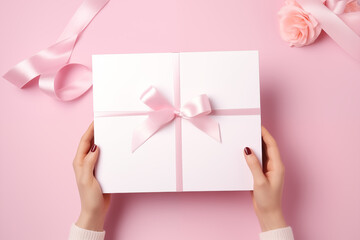 Wall Mural - Young woman’s hands holding white gift box on pink background, gift box mockup with copy space