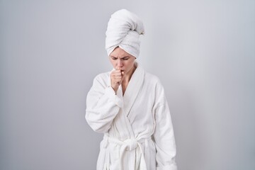 Sticker - Blonde caucasian woman wearing bathrobe feeling unwell and coughing as symptom for cold or bronchitis. health care concept.