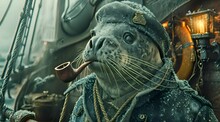 Anthropomorphic Seal Captain In A Jacket Smoking A Pipe On A Fishing Boat