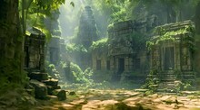 Ancient Temple Made Out Of Stone Illuminated By Rays Of Sun In The Jungle