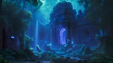 Fantasy realm temple gate in the jungle with bioluminescent lights and moonlight