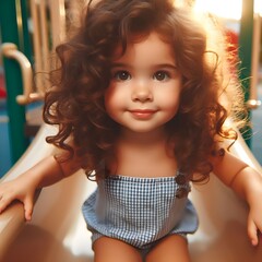 Young Girl Playing on a Slide at a Sunny Playground Park