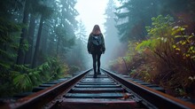 A Woman Walking Along An Old Railroad Track, Enveloped By The Ethereal Mist Of The Forest, Evoking A Sense Of Solitude And Contemplation.