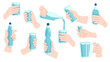  set of hands holding glasses and water bottles, hand-drawn illustrations in a flat cartoon style.