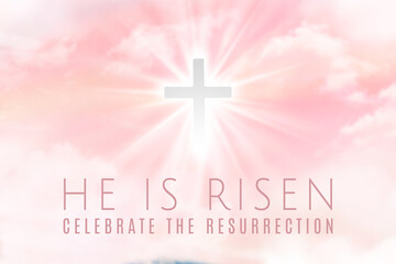 Wall Mural - Easter illustration with the text 'He is Risen' and a shining cross on blue sky with lightbeam.