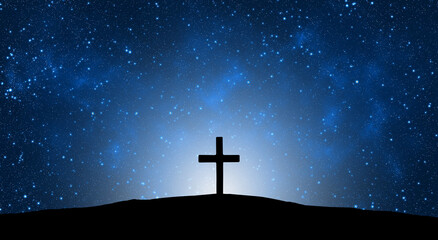 Wall Mural - Easter illustration with a cross on hill and blue starry sky at night.