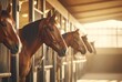 Horses peering out from stable boxes. Concept of equine care, stable management, horse breeding, animal housing, sports equestrian club, farm life, equine curiosity.