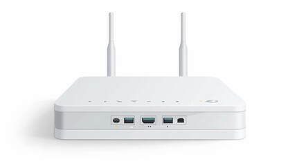 White wifi router, wireless broadband modem with antennas in front and perspective view. Ethernet router for network connection and Internet access isolated on white background 