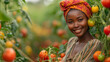 A afro woman is picking tomatoes in a tomato field