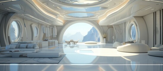 Wall Mural - 3D rendering modern futuristic building with interior space design. Generated AI image