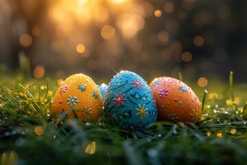 Wall Mural - A vibrant collection of spherical easter eggs nestled among lush blades of grass, adorned with intricate designs and bursting with holiday spirit