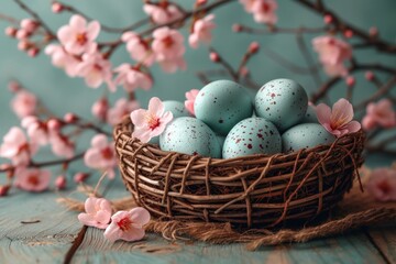 Wall Mural - A symbol of new life and hope, a delicate nest cradles speckled eggs surrounded by vibrant pink flowers in celebration of easter and the arrival of spring