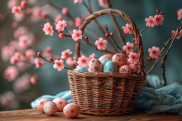 Wall Mural - A colorful easter basket overflows with freshly picked flowers and delicate eggs, embodying the beauty of spring and the promise of new beginnings