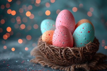 Canvas Print - A colorful collection of easter eggs nestled in a cozy nest, awaiting the joy and wonder of the holiday