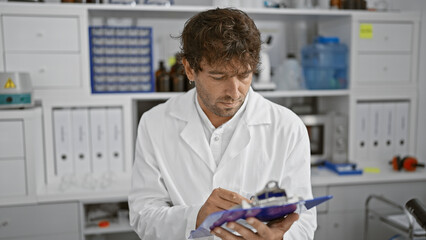 Wall Mural - Handsome bearded man in lab coat writes on clipboard in a modern laboratory.