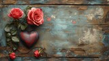 Fototapeta  - Obraz przedstawiający dwie róże i czarne serce, nawiązujący do tematyki walentynkowej, kochania oraz romansu.