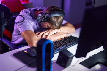 Sticker - Young caucasian man streamer stressed using computer at gaming room