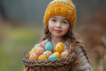 Wall Mural - A young girl with a human face wearing a colorful easter hat holds a basket of eggs, radiating joy and innocence in the beautiful outdoor setting