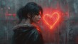 Kobieta stoi przed jaskrawym sercem, na tle betonowej ściany w której odbijają się romantyczne światła okien miasta