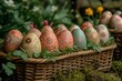 © Larisa AI - A beautiful basket of hand-painted easter eggs nestled among vibrant spring flowers, representing new life and the joy of the season