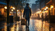 Person walking alone in the rain carrying a shopping bag, with streetlights casting a warm glow on the wet pavement of an inviting urban promenade.