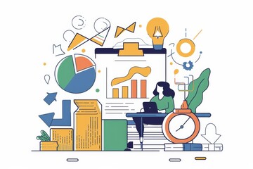 Poster - A creative and modern woman, deeply immersed in her work, sits at her desk with a sleek laptop, surrounded by vibrant illustrations and clipart, showcasing her impeccable design skills