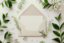 White Envelope With White Flowers And Leaves.
Copy Space