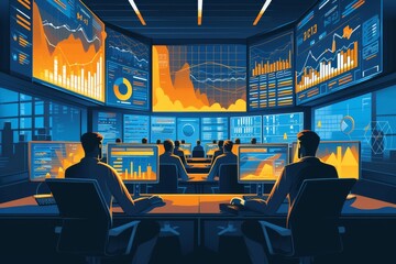 Poster - Amidst a sea of sleek furniture and glowing computer screens, a diverse group of individuals clad in professional attire sit at their desks, their chairs and tables serving as the foundation for thei