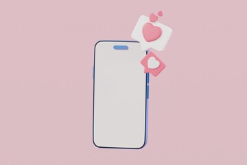  - 3D smartphone or mobile phone with like icons. Social media concept. Empty screen mobile phone for promotion with like icon. Online marketing. minimal icon isolated on pink background. 3D Rendering.