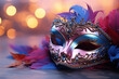 Carnival mask with bright feathers and abstract defocused bokeh lights. The concept of masquerade, carnival. Generated by artificial intelligence