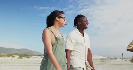 Wall Mural - couple, walking or conversation by beach for holiday, care or weekend in nature for outdoor bonding.