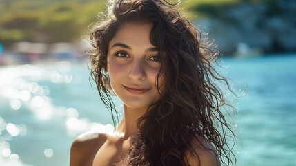 sensual portrait of woman in bikini on beach