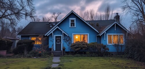 Electric blue house in a suburban sector, with quaint windows, on an expansive property, during early evening twilight.