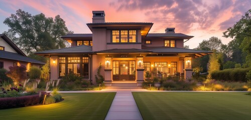 Full front view of a modern soft pink craftsman house, landscaped yard with rose garden, colorful twilight sky.