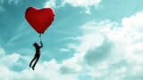 Fototapeta  - Osoba trzyma balon w kształcie serca podczas lotu po niebie w chmurach 