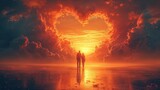 Fototapeta  - Dwóch ludzi stoi w płykiej wodzie przed chmurą w kształcie serca podczas wschodu słońca
