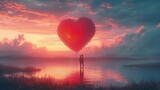 Fototapeta  - Na zdjęciu widoczna jest para stojąca na wodzie przed balonem w kształcie serca