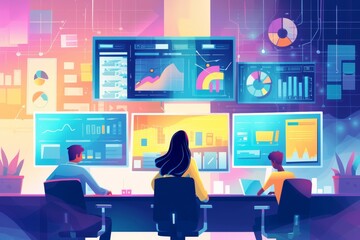 Poster - A diverse team collaborates at a desk, intently studying the computer screen displaying a multimedia presentation while a man types text, surrounded by indoor elements of clothing and technology