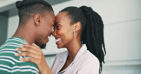 Poster - Love, hug and black couple in house with care, trust or security, support or conversation, bonding or vacation. Face, profile or excited African people embrace with commitment, solidarity or romance