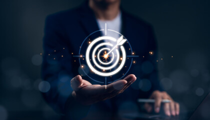 Wall Mural - Business growth and marketing target concepts. Businessman hands show goals and target for growing business. Goal objective strategy plan action, Target success, Achievement company, Startup business,