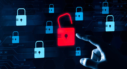 Cybersecurity concept. The system hacked alert and the padlock in red was unlocked. cyber security, secure encryption, information access breach, and privacy to protect online data. network security,