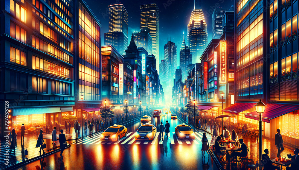 Vibrant city at night with illuminated skyscrapers, bustling streets ...