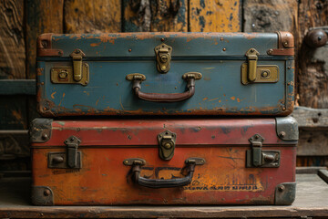 Sticker - A set of vintage suitcases, telling tales of travel and adventure from the past. Concept of travel nostalgia and historic journeys. Generative Ai.