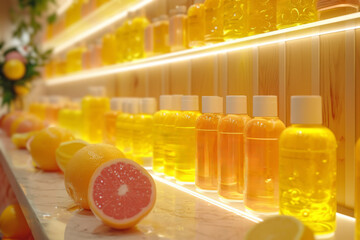 Wall Mural - A product display under yellow gel lighting, highlighting the items with a bright and cheerful glow. Concept of product showcase and lighting effects. Generative Ai.