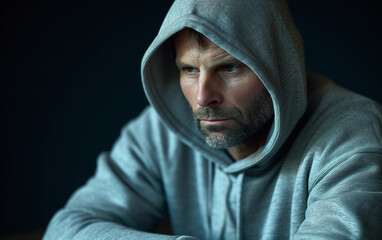 Multiracial Man in Hoodie Sitting at Table